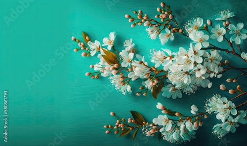  a bunch of white flowers on a green background with a place for text.  generative ai