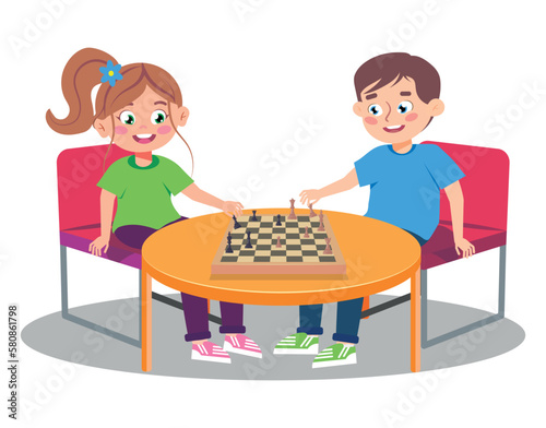Vector illustration of cute kids playing chess. Cartoon scene with a smiling boy and girl sitting at a table with a chess board and playing chess isolated on white background.