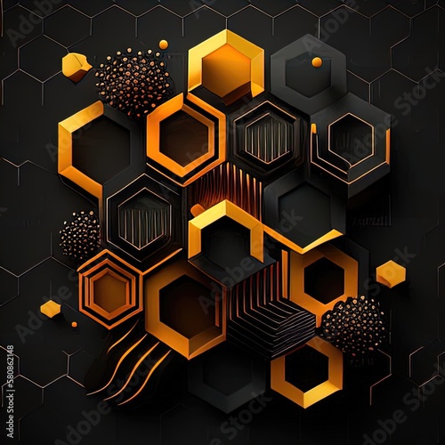 Gold and black cells, hexogonal honeycomb, bee hexagonals, white and gold symetry