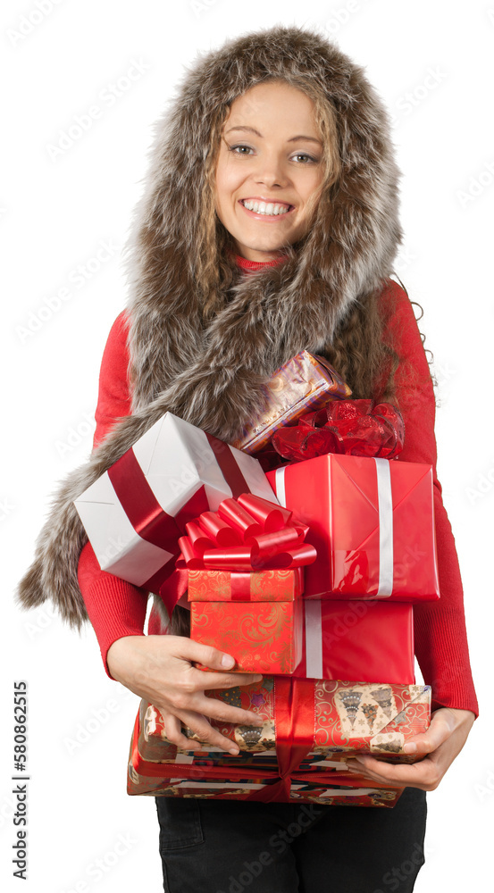 Smiling woman with many gift boxes on background Smiling woman with many gift boxes on background