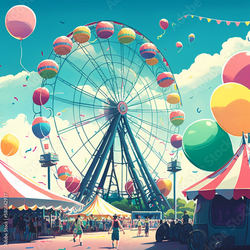 Roda gigante, parque e circo com balões coloridos