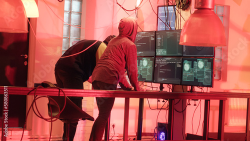 Photography Mysterious hackers being scared of police lights and law enforcement signals, risking to get caught with cybercrimes and espionage