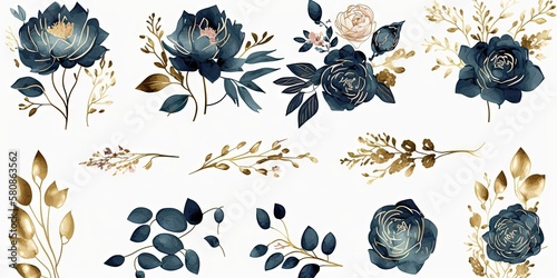 set watercolor design elements of roses collection garden navy blue flowers leaves gold branches botanic illustration isolated on white background, generative ai