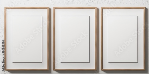 three wooden frame on white wall frame mockup, generative ai