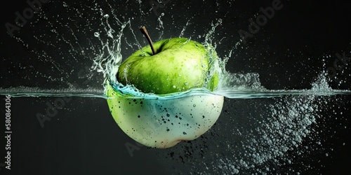 green apple amid splashing water, generative ai