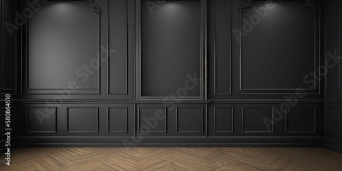 modern classic black color empty interior with wall panels mouldings and wooden floor, generative ai