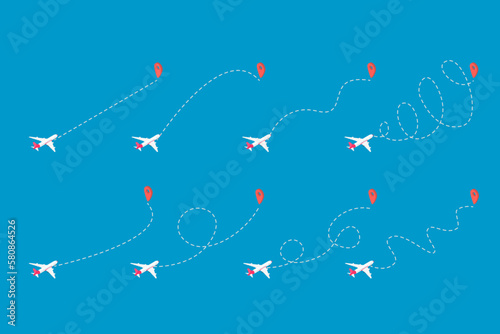 Vector Illustration of Airplane Trajectories Set, Air Travel