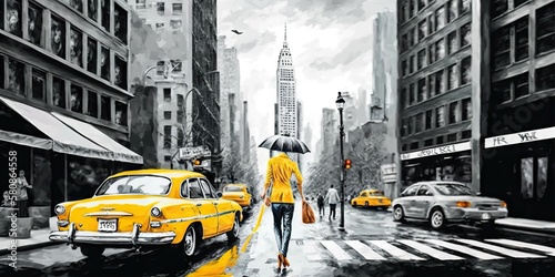 Valokuva oil painting on canvas street view of new york man and woman yellow taxi modern