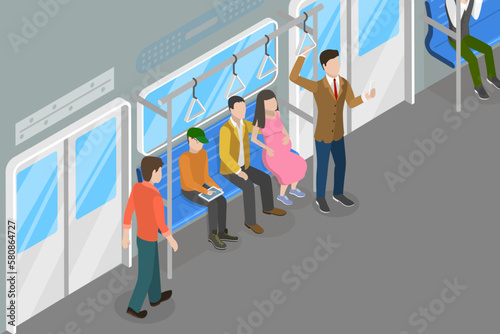 3D Isometric Flat Vector Conceptual Illustration of Public Transport, Persons in Train Interior