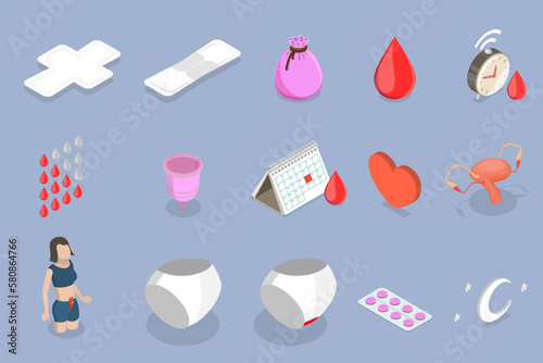 3D Isometric Flat Vector Set of Menstrual Period Symbols, Feminine Intimate Hygiene