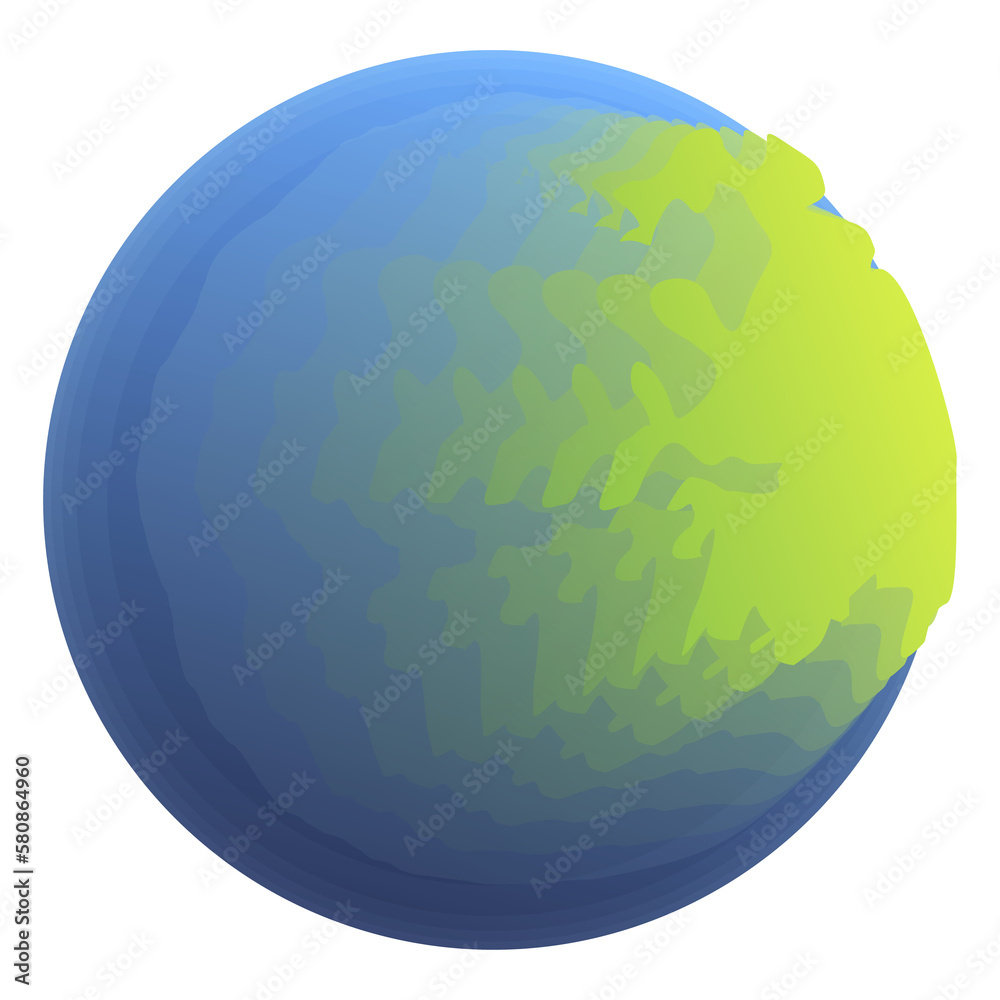 Green and blue planet view from space. Globe texture map in flat style. Solar system. Colorful PNG illustration.