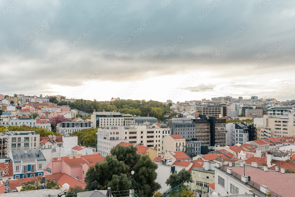 Aerial panoramic view of Lisbon, Portugal. Drone photo of the Lisbon old town skyline. Historical district at sunrise in capital city of Portugal