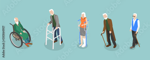 3D Isometric Flat Vector Set of Disabled Senior People, Characters with Disability