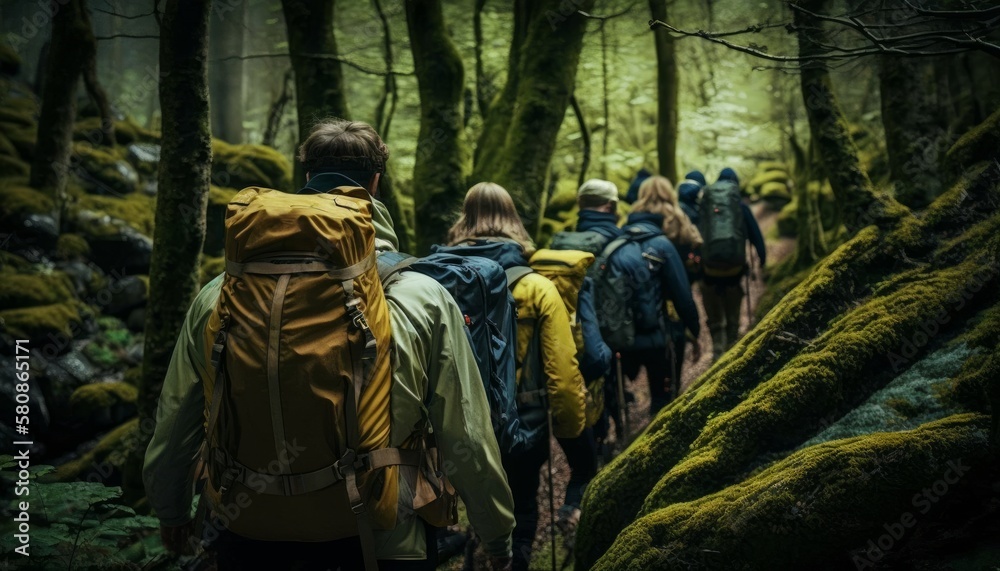 Group hike in the forest. A group of people are walking through the forest. Forest surrounded by trees and nature. Generative AI