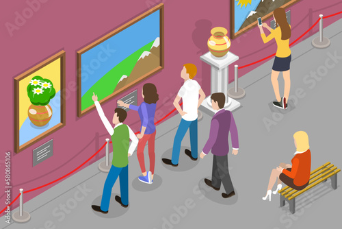 3D Isometric Flat Vector Conceptual Illustration of Art Gallery, Tourists Looking at Paintings at Ehibition