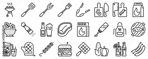Line icons about grill barbecue on transparent background with editable stroke.