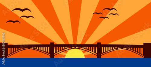 Bridge and Sunset vector illustration flat style clip art