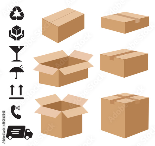 Versatile Cardboard or Carton Boxes with Delivery and Shipping Icons to Package and Ship Your Products and Materials. Available in Various Sizes for Your Convenience.