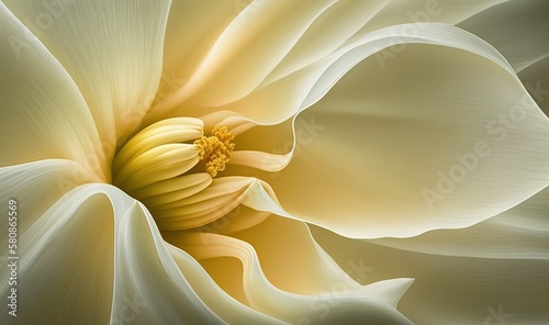  a large white flower with a yellow center and a yellow stamen.  generative ai © Olga