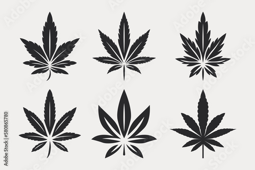 Black Cannabis Leaves. Hemp, Cannabis Leaf Silhouette Flat Icon Set Closeup Isolated on White Background. Growing Medical Marijuana. Vector Illustration