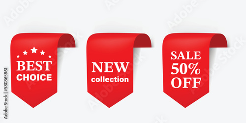 Set of Red sale tag ribbon banner for promotion shopping. Red ribbon for sale and discount offer.