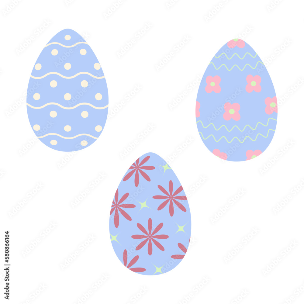 Set of three Easter eggs in trendy blue with simple patterns of wavy lines, dots, flowers and stars