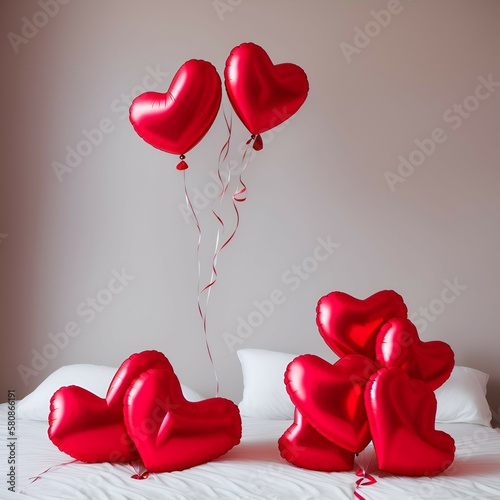 heart balloons on a bed, Generative AI