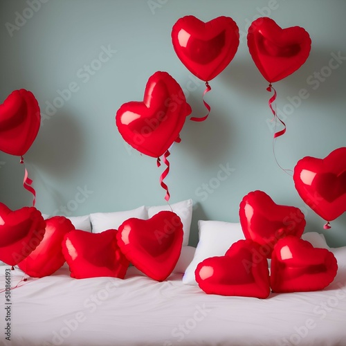 heart balloons on a bed, Generative AI