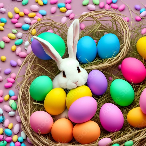 easter bunny in a basket with colored eggs, Generative AI