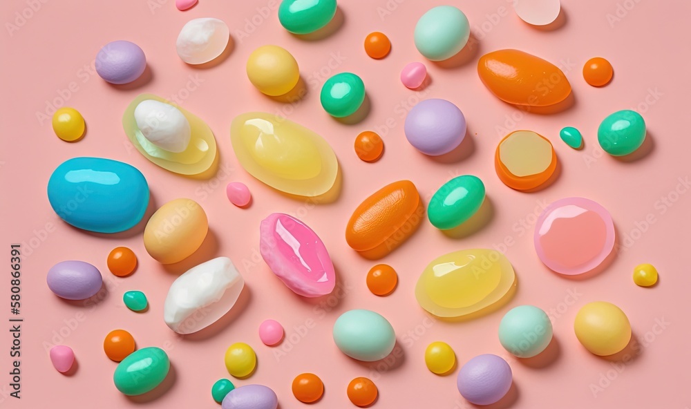  a group of candy eggs on a pink surface with candy drops.  generative ai