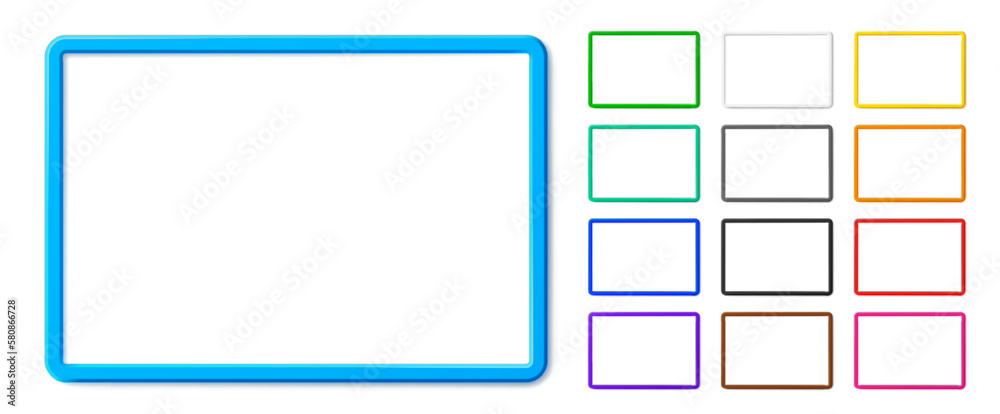 Realistic horizontal rectangle frame mockup with shadow. Web project presentation concept. Vector 3d graphic illustration. Blank photo border with rounded corners for business and marketing