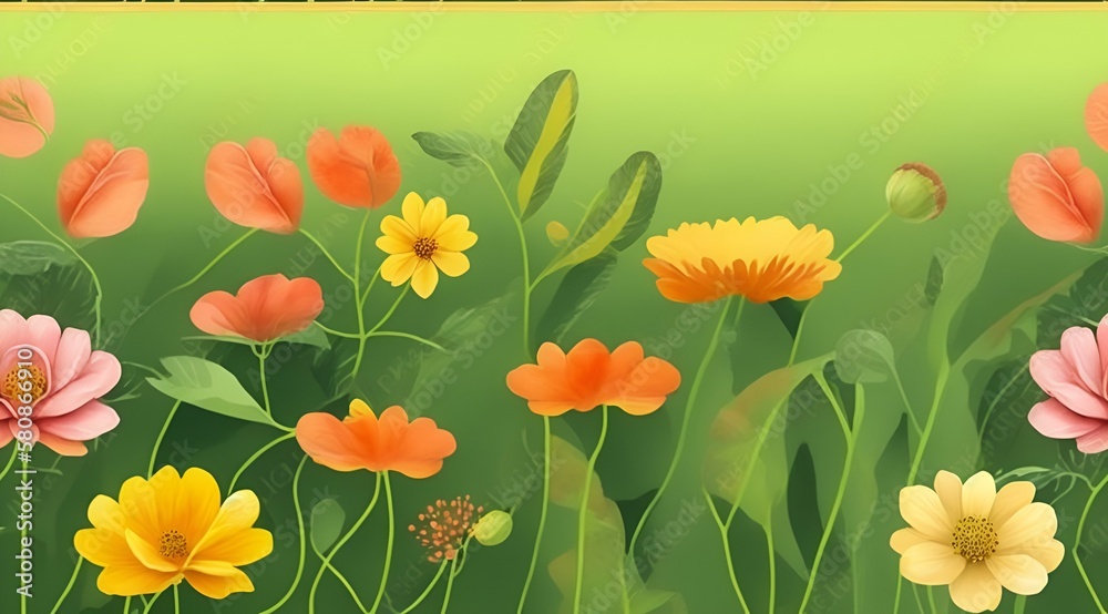 Abstract orange and yellow flowers background, cartoon painting. Generative AI.