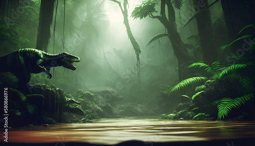 Jurassic period landscape with roaring predator dinosaur in a wet tropical rainforest. Copy space. Generative AI. © Mykola
