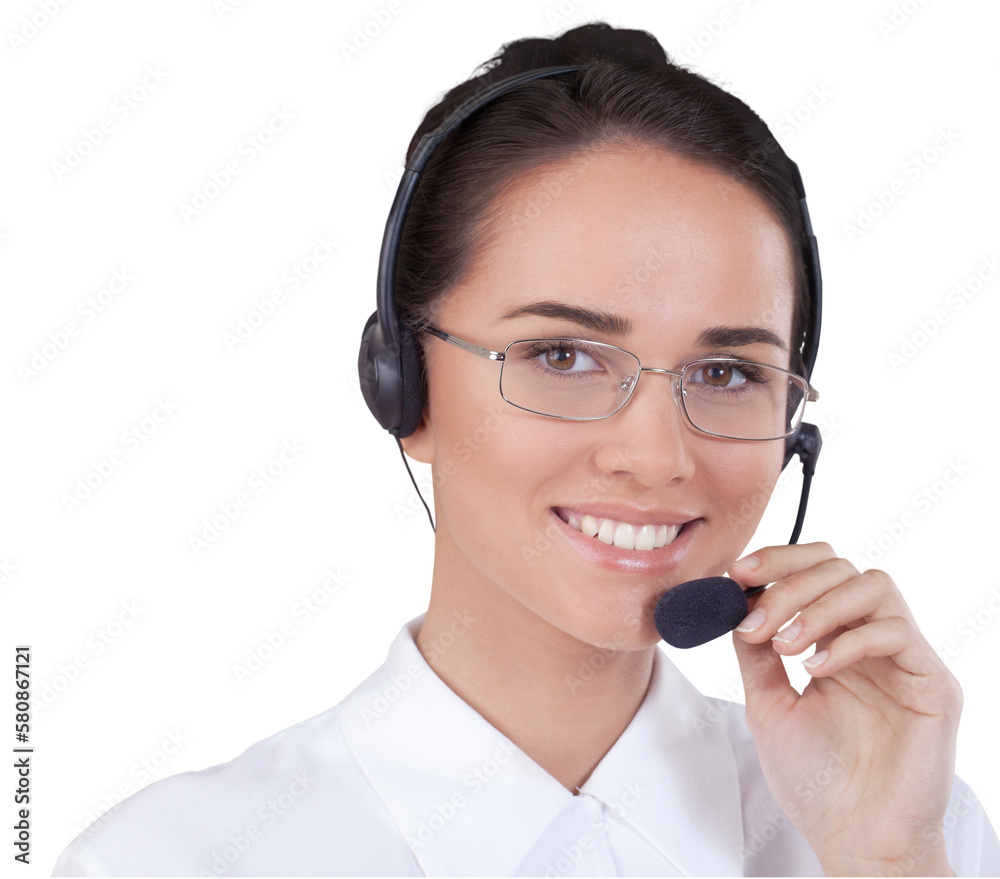 Young woman with headphones, call center or support concept Young woman with headphones, call center or support concept