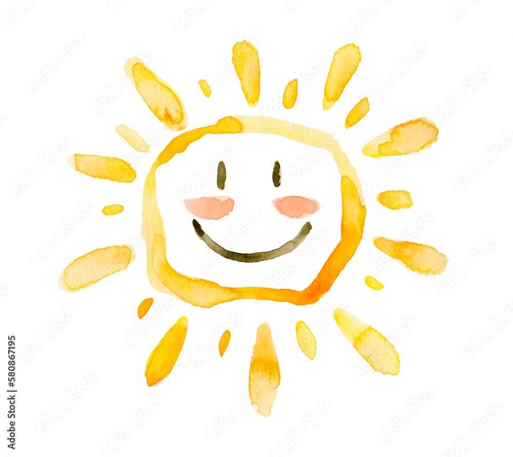 Hand drawn watercolor illustration of smiling sun. Hand drawn watercolor illustration of smiling sun.