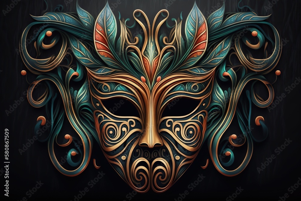 Theatrical mask in boho style, created with Generative AI technology - obrazy, fototapety, plakaty 