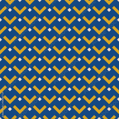 Retro pattern. Vector ornamental geometric seamless texture. Simple ornament with lines, arrows, feather grid, fish scale, repeat tiles. Abstract vintage geo background. Blue, beige and gold color