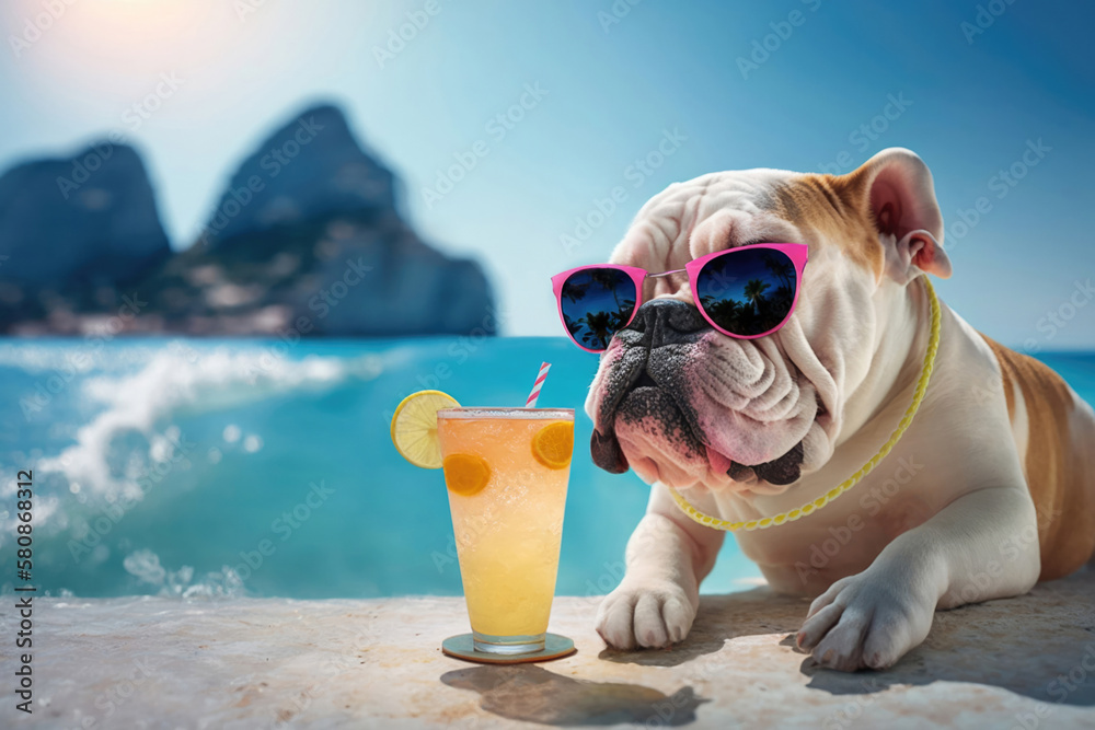 Funny bulldog drinking cocktail at beach bar. Summer sea resort. AI generative illustration.