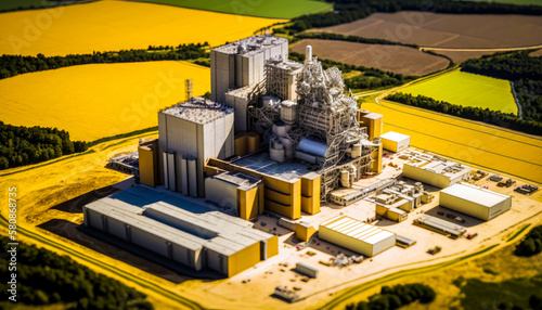 An aerial view of an industrial plant in the middle of field. Summer, construction began International Thermonuclear Experimental Reactor. Generative AI. photo