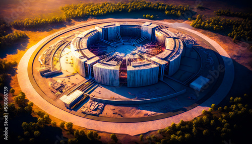 An aerial view of circular building in the middle of forest. Summer, construction began International Thermonuclear Experimental Reactor. Generative AI. photo
