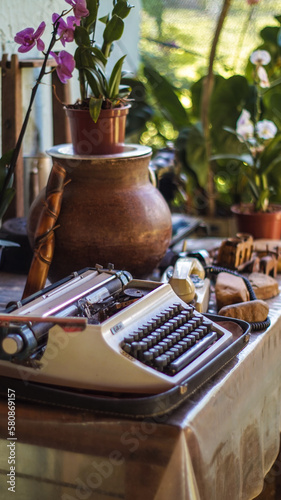  Dê um passo para trás no tempo e abrace os prazeres simples de uma época passada - uma máquina de escrever antiga aninhada entre a beleza idílica de uma fazenda rural, oferecendo um cenário sereno e  © Samuel