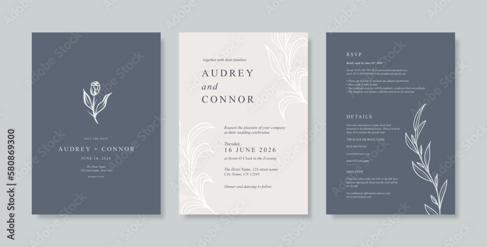 Beautiful navy and white wedding invitation template with beautiful eucalyptus. Simple and minimalist wedding card template. trendy modern wedding invitation template.