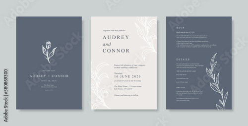 Beautiful navy and white wedding invitation template with beautiful eucalyptus. Simple and minimalist wedding card template. trendy modern wedding invitation template.