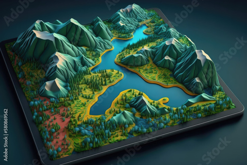 3d illustration of terrain map with lake and mountains on a tablet device. Digital tropography concept. AI generated image.
