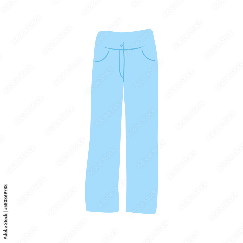 Spring fashion clothes for women. Basic wardrobe. Different apparel collection. Blue wide jeans. Flat graphic vector illustration isolated on white background.