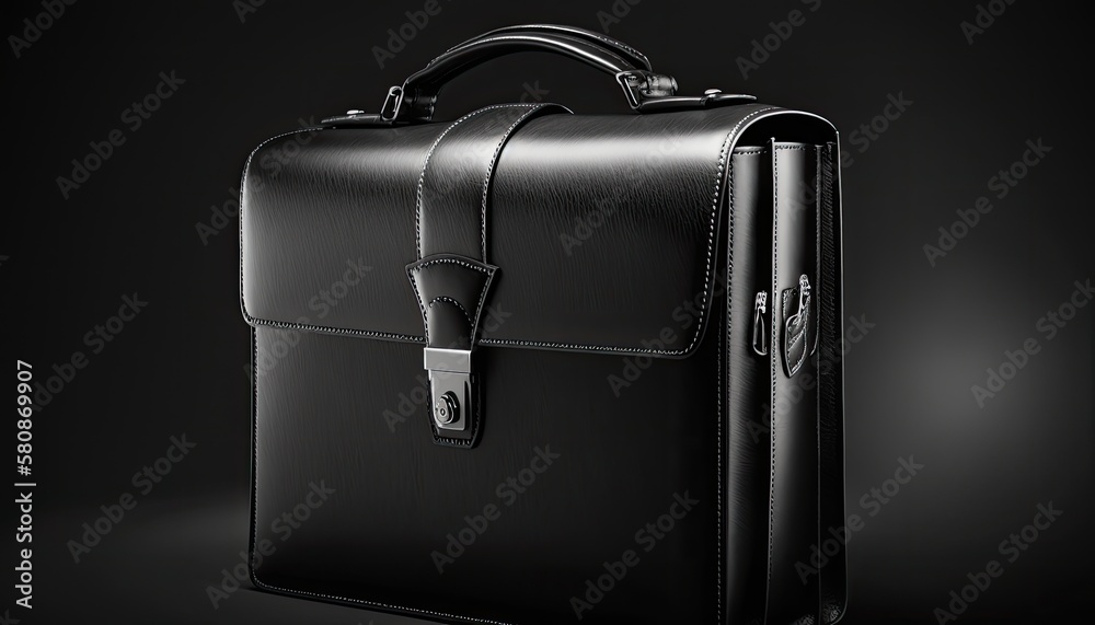 A black leather briefcase on a white background. The lighting is sharp, casting defined shadows that accentuate the briefcase's edges. generative ai A black leather briefcase on a white background. The lighting is sharp, casting defined shadows that accentuate the briefcase's edges. generative ai
