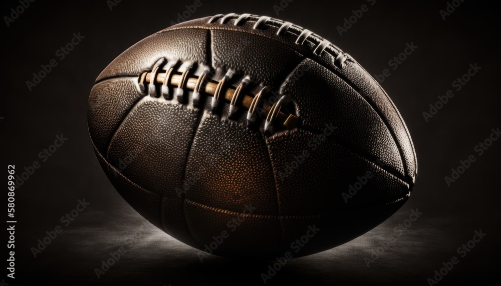 Obraz premium A classic, leather football, resting on a black background. The lighting is dramatic, with deep shadows and sharp highlights. The mood is intense and competitive. generative ai