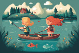 Flat vector illustration Zwei Kinder, die durch den See sich entspannen 