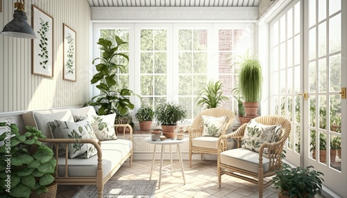 A bright and airy sunroom with comfortable wicker furniture and plenty of indoor plants. Large windows allow natural light to flood the space, creating a warm and inviting atmosphere. generative ai