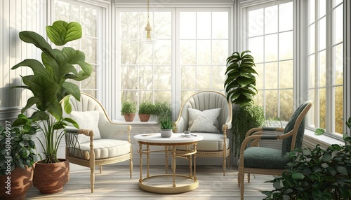 A bright and airy sunroom with comfortable wicker furniture and plenty of indoor plants. Large windows allow natural light to flood the space, creating a warm and inviting atmosphere. generative ai